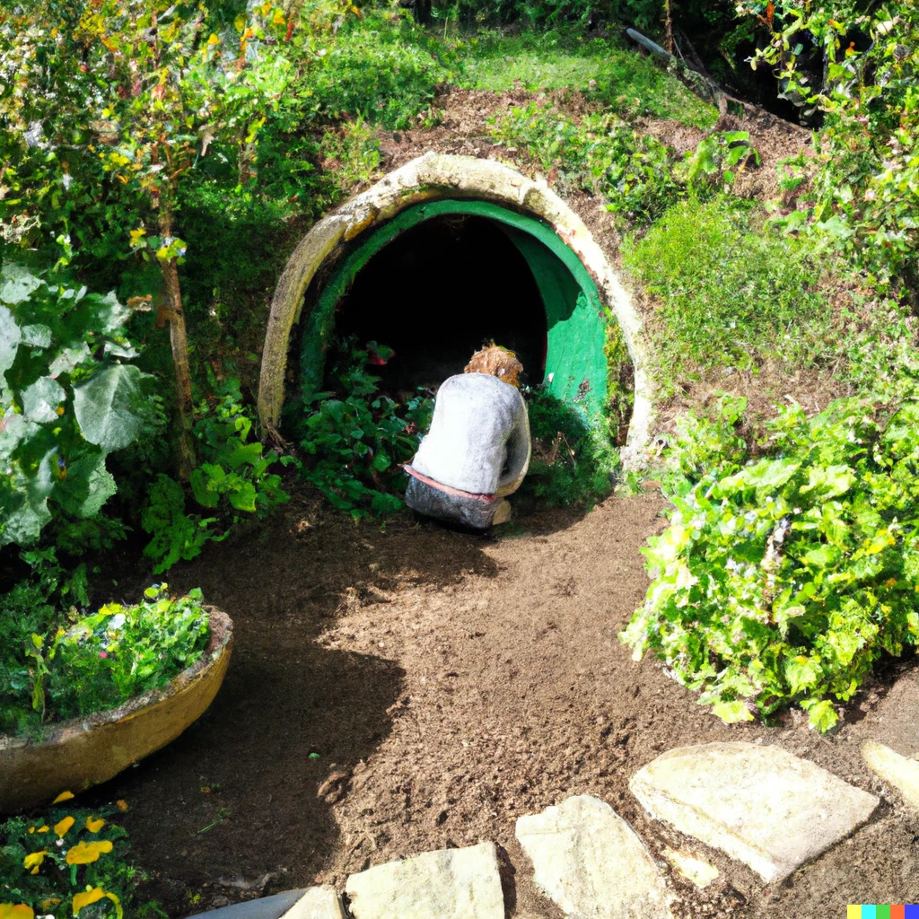 Prompt: a hobbit hole with a hobbit gardening in the front