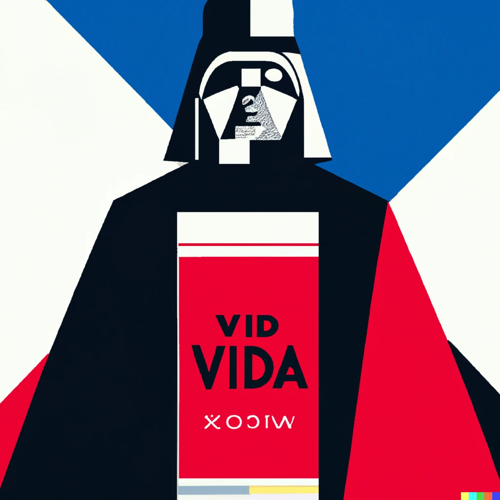 Prompt: illustrated de stijl advertisement with darth vader for “vader vodka”