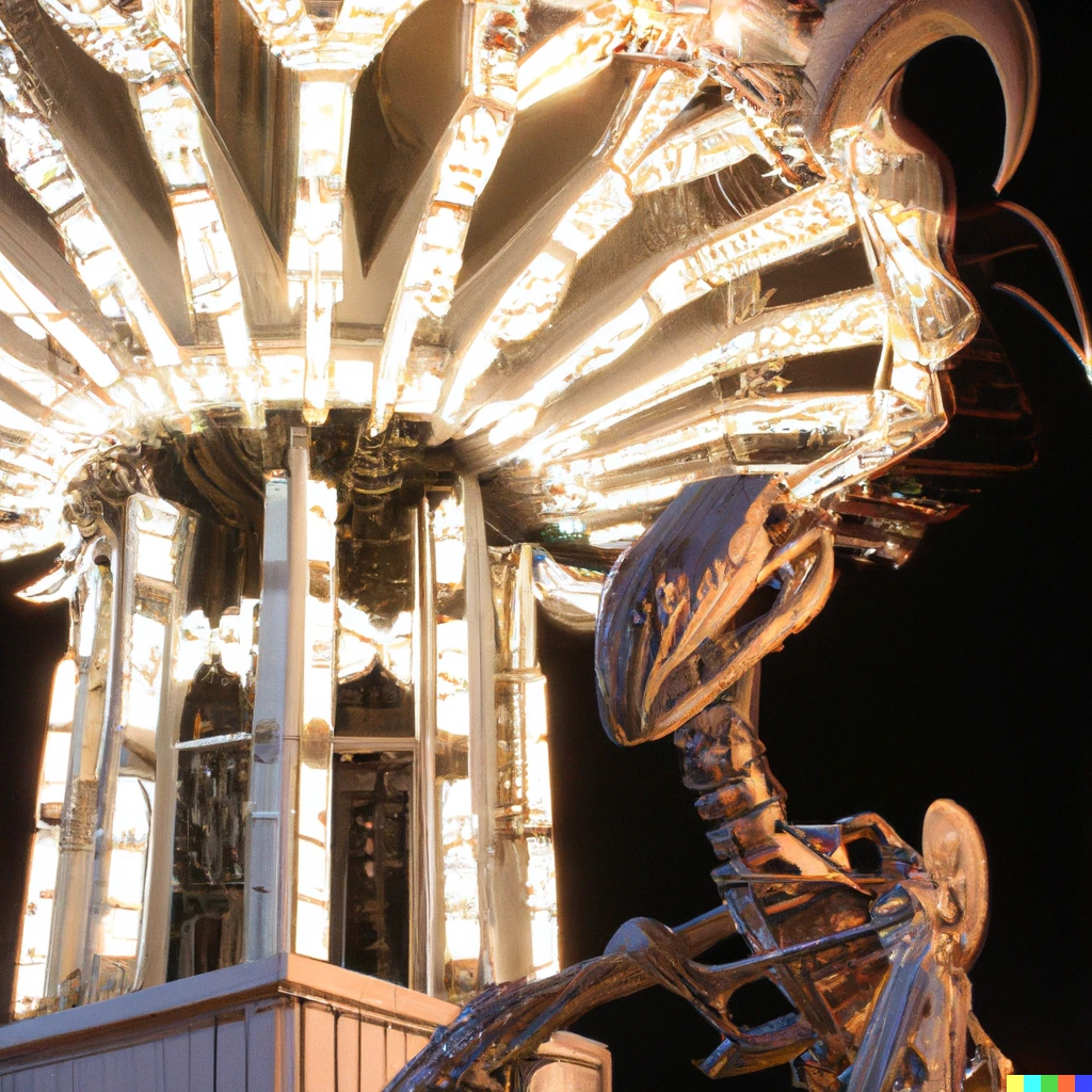 Prompt: color photo of hr giger themed carousel at night
