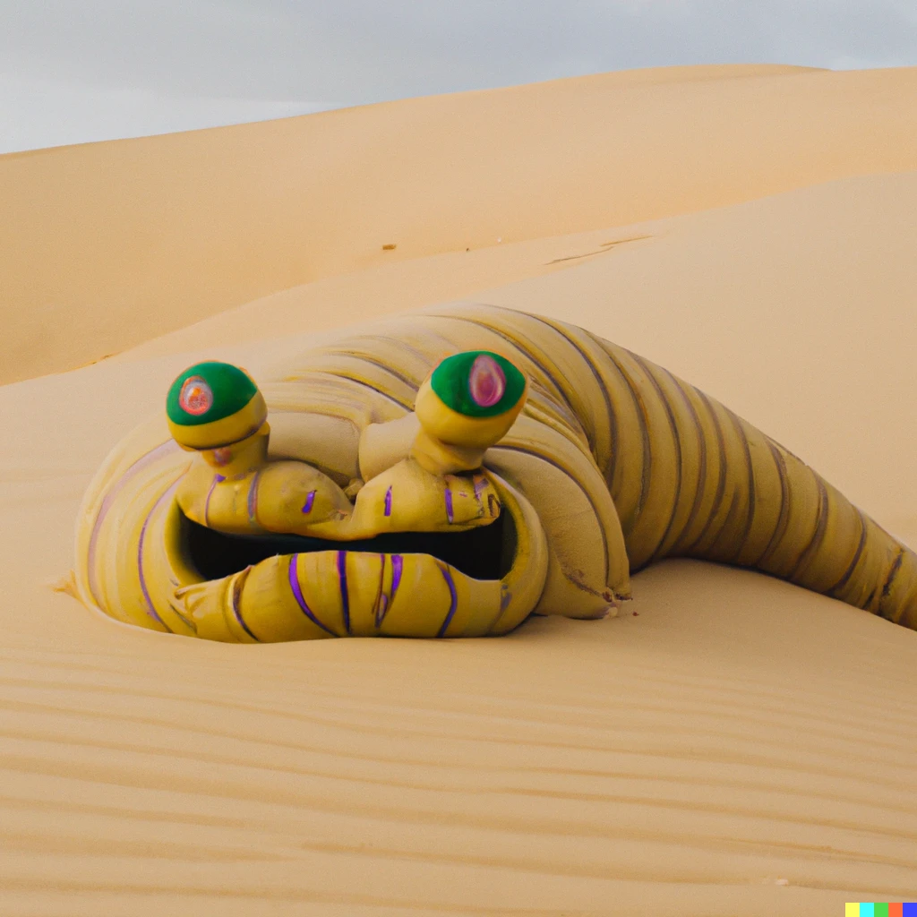 Prompt: photo of a jabba the hut worm alebrije without ears and without legs on a barren sand dune in the Saraha