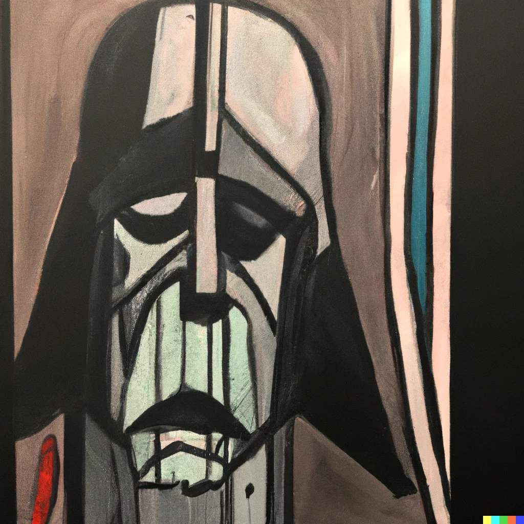 Prompt: painting by picasso of “the weeping darth vader”