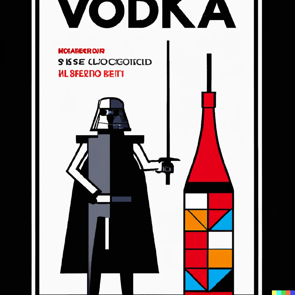 Prompt: illustrated de stijl advertisement with darth vader for “vader vodka”