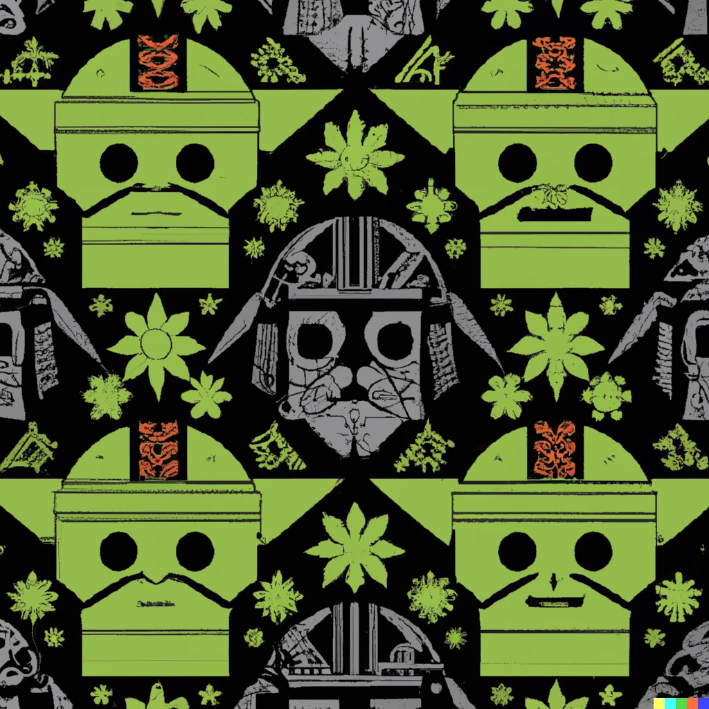Prompt: complex fabric pattern with the theme of tiki darth vader and tiki yoda