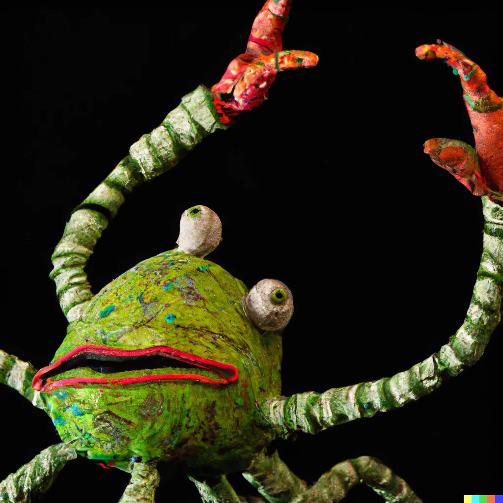 Prompt: photo of a frog alebrije with tentacles for arms