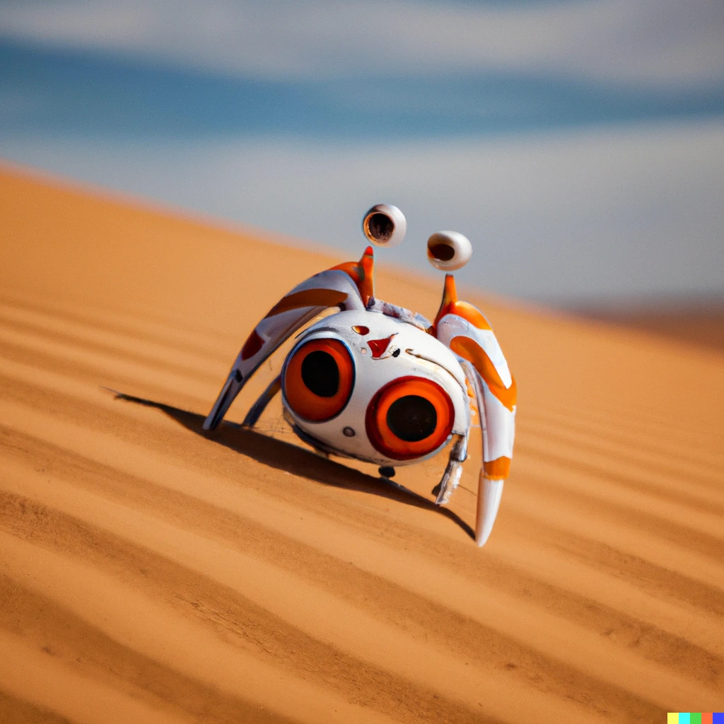 Prompt: photo of an orange and white bb8 alebrije on a barren sand dune in the Sahara