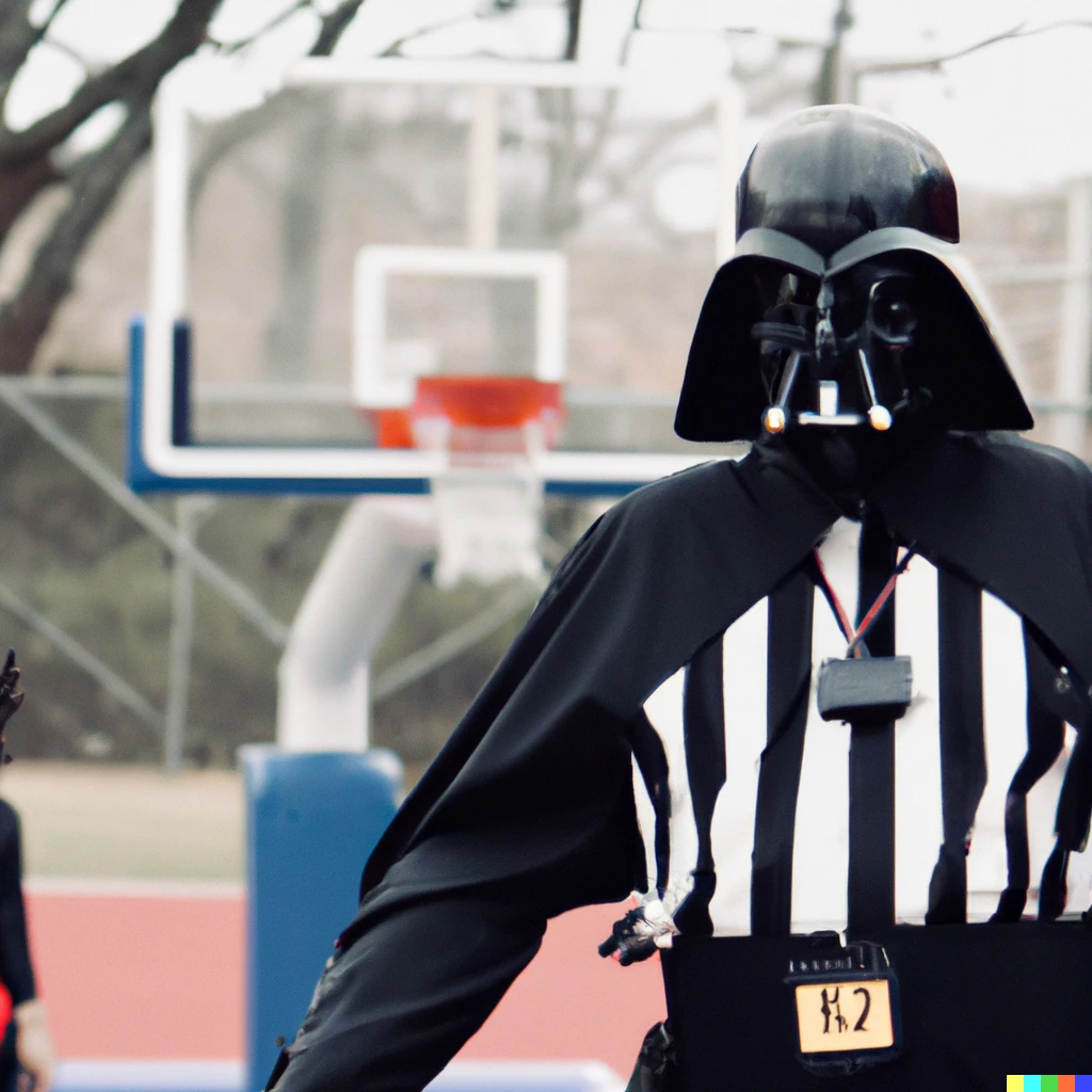 Prompt: photo of darth vader refereeing a kids’ basketball game, facing the camera