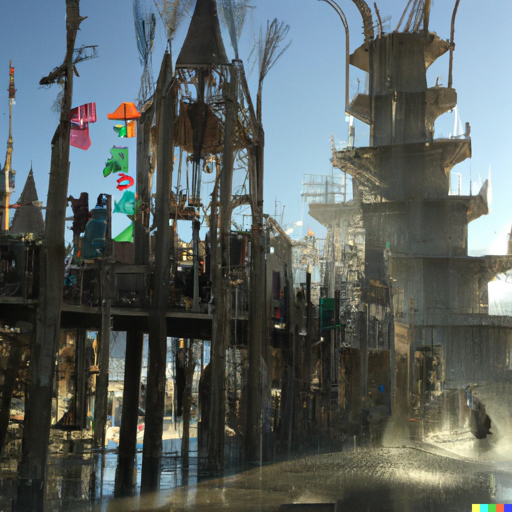 Prompt: a rivendell themed camp at burning man, with towers pouring out waterfalls