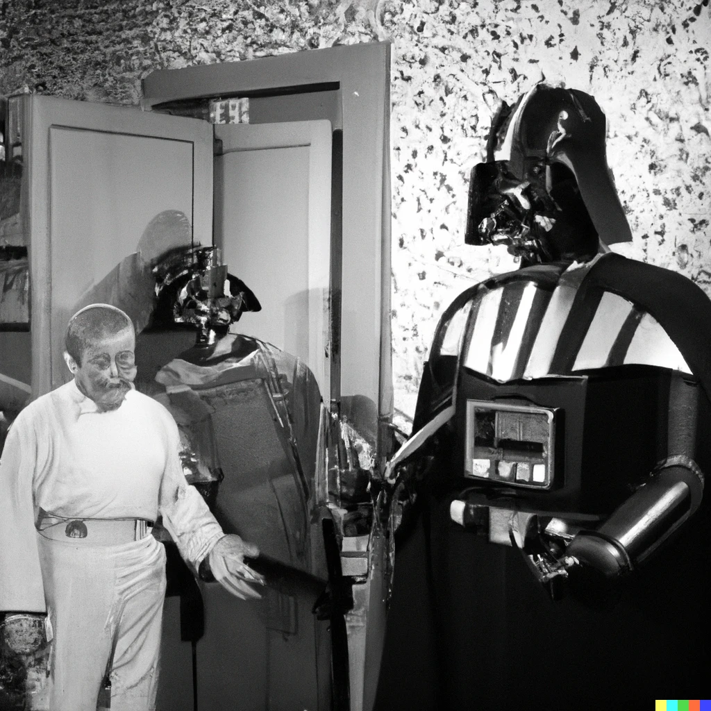 Prompt: photo of Darth Vader guest appearance on 1955 sitcom