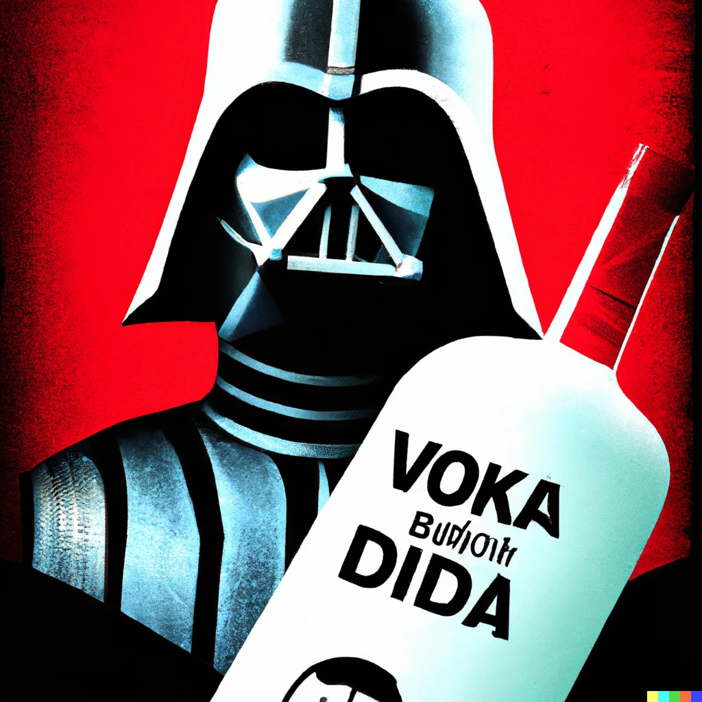 Prompt: illustrated dadaist advertisement with darth vader for “vader vodka”