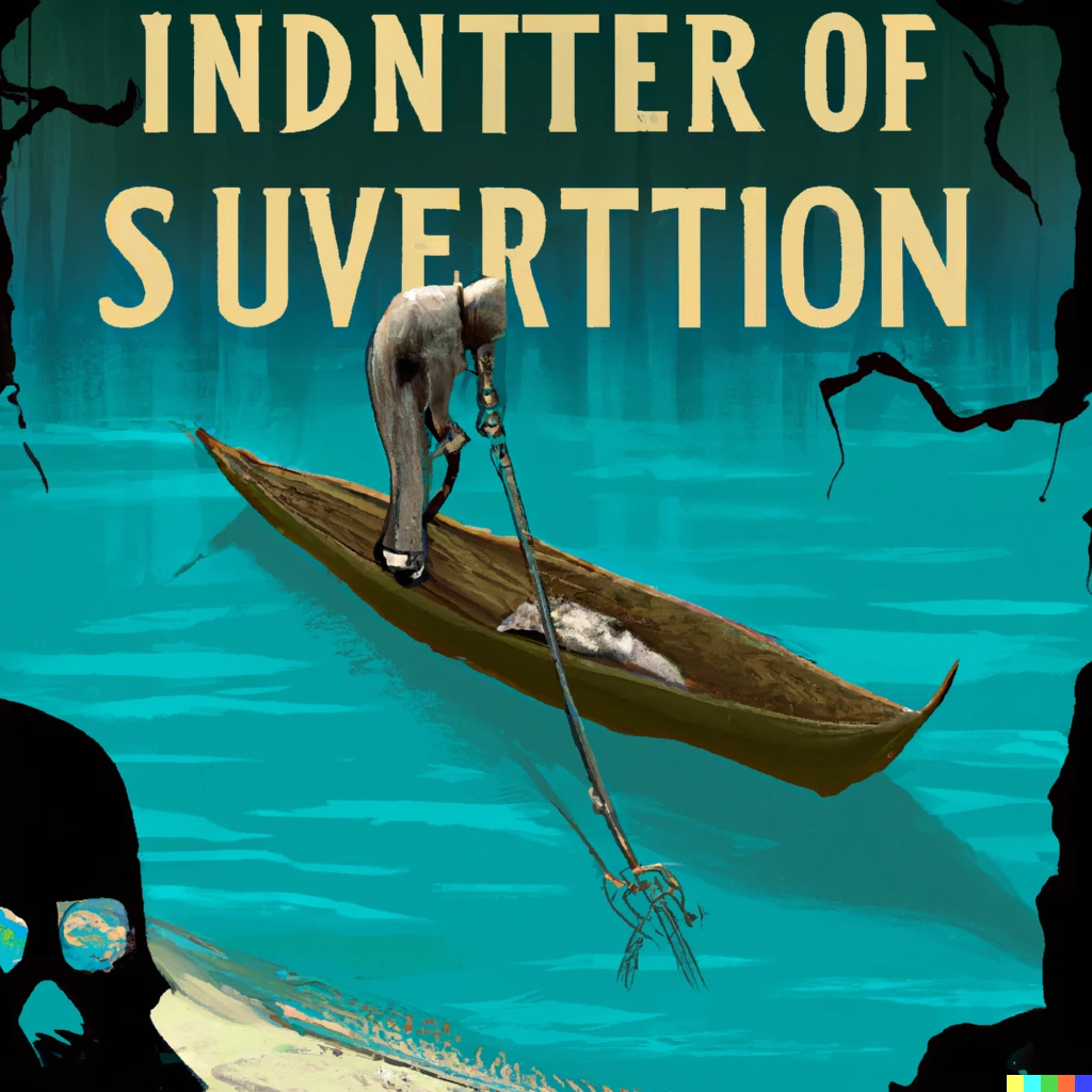 Prompt: vintage travel poster for the underworld  river styx with a robed skeleton guiding his boat