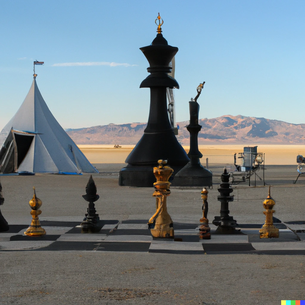 Prompt: a chess themed camp at burning man, with chess piece sculptures the size of buildings
