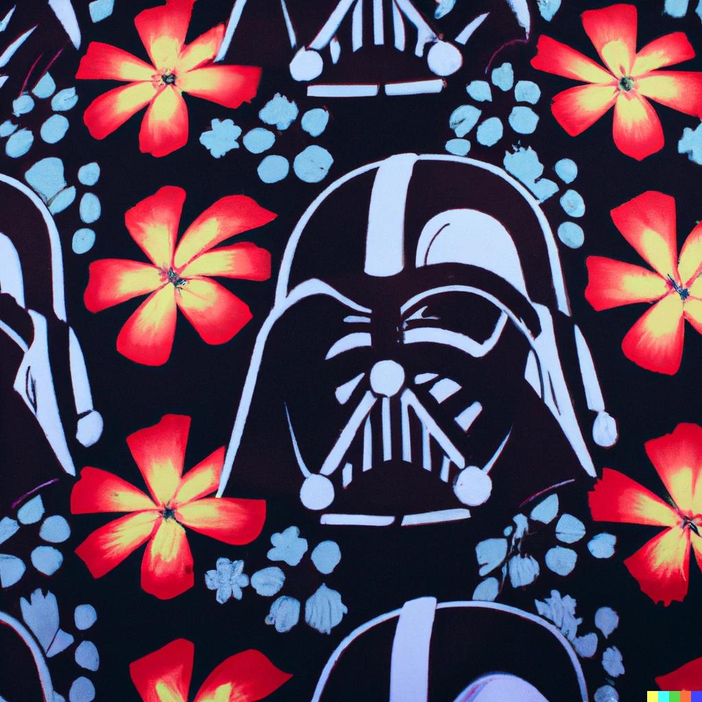 Prompt: photo of darth vader and hula themed hawaiian shirt fabric pattern
