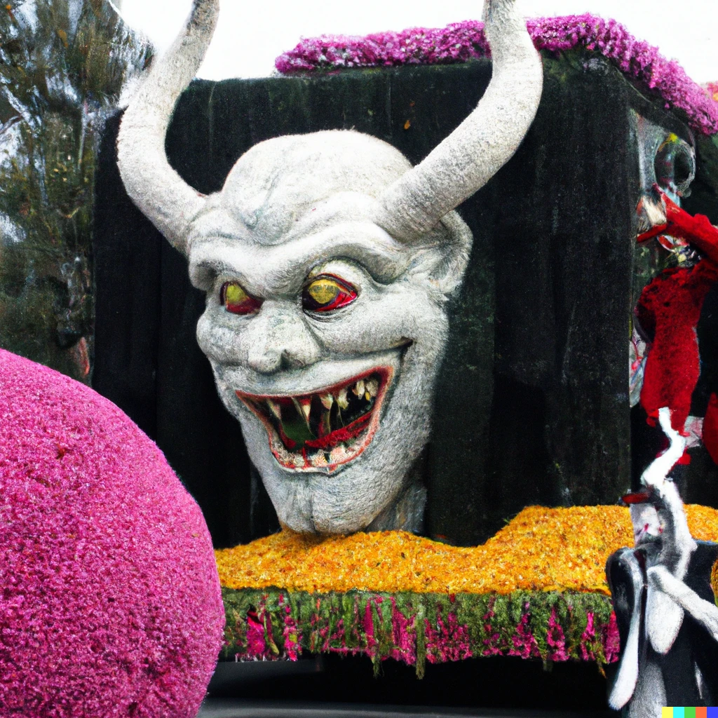 Prompt: a color photo of lich themed float during the rose parade