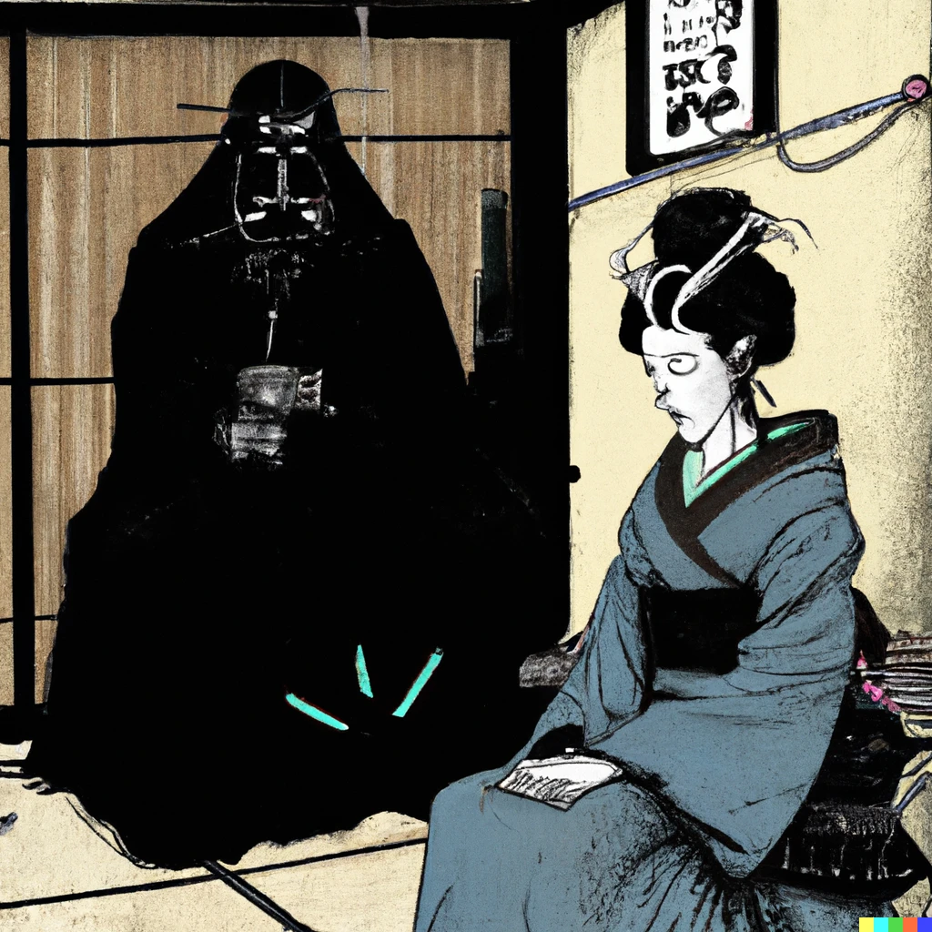 Prompt: ukiyo-e darth vader in black kabuto and mask interrogating princess leia in a prison cell