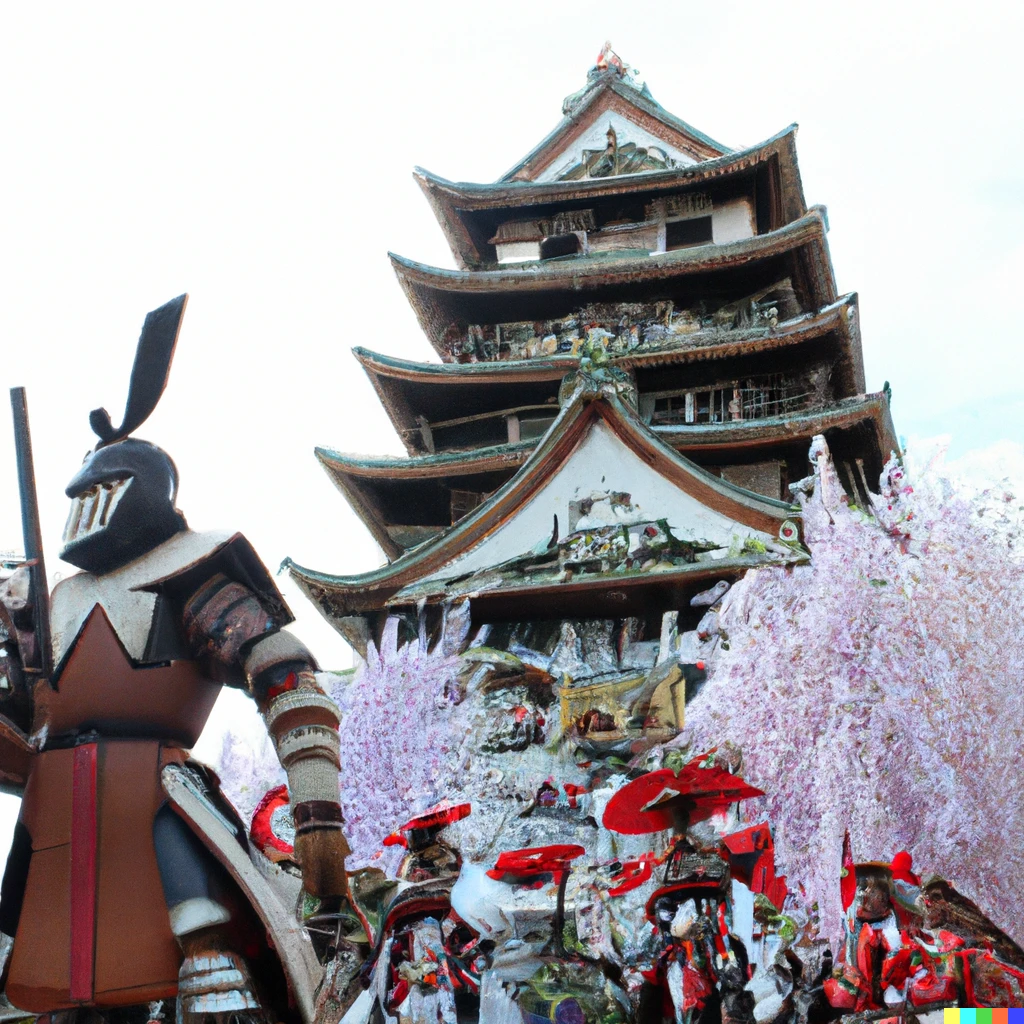 Prompt: a photo of a shogun themed float during the rose parade, with a giant japanese castle and huge samurai sculptures