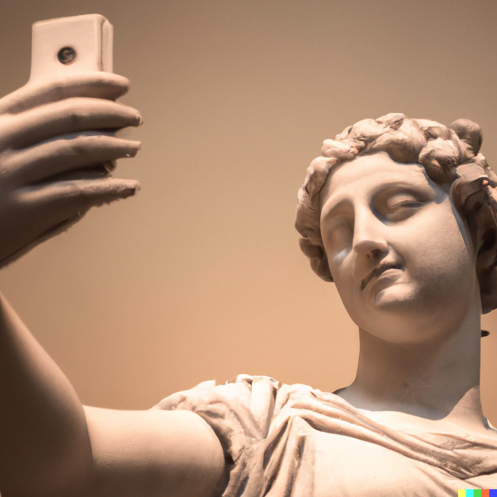 Prompt: photo of ancient greek sculpture of a woman taking a selfie