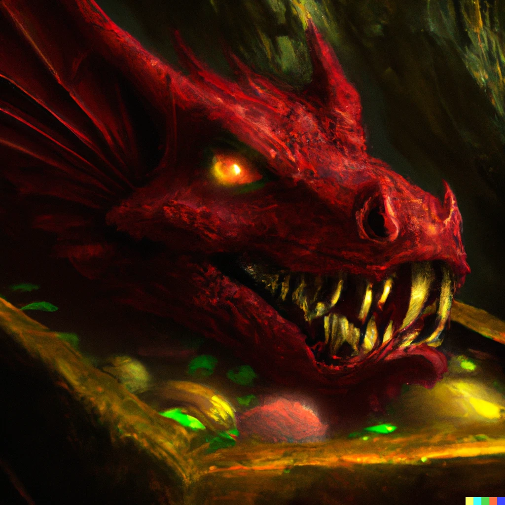 Prompt: detailed realistic digital art close up of the head of a gargantuan red dragon sitting on a treasure hoard in a dark cave