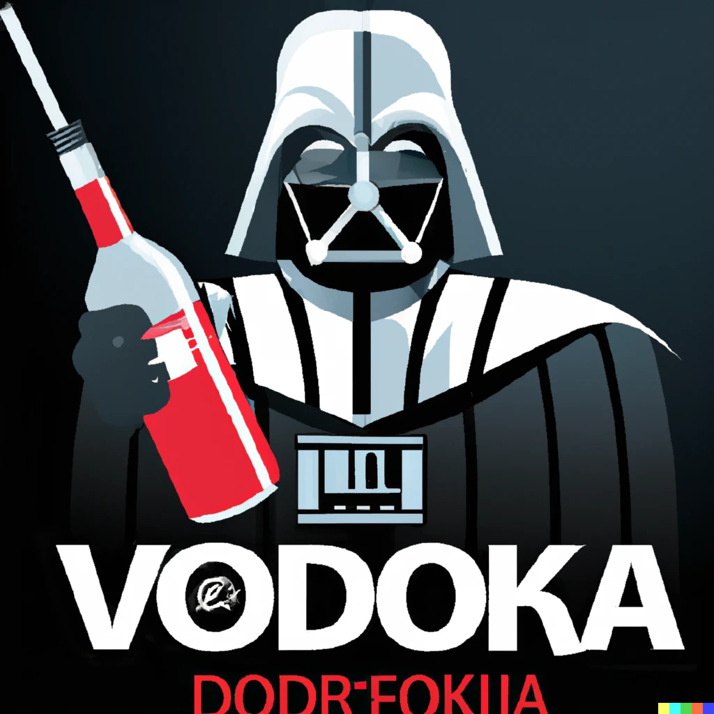 Prompt: illustration of darth vader advertising “vader vodka”