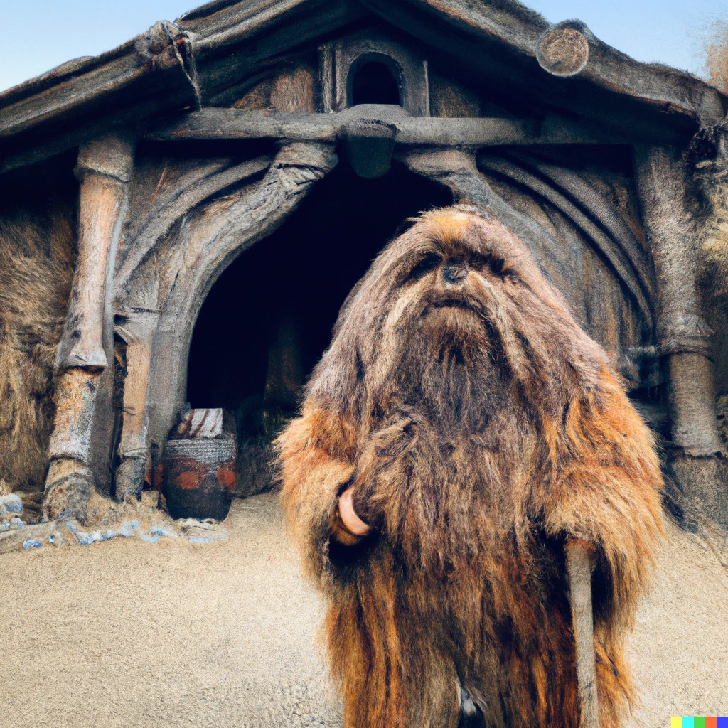 Prompt: photo of chewbacca as hagrid, standing in front of hagrid’s hut at hogwarts