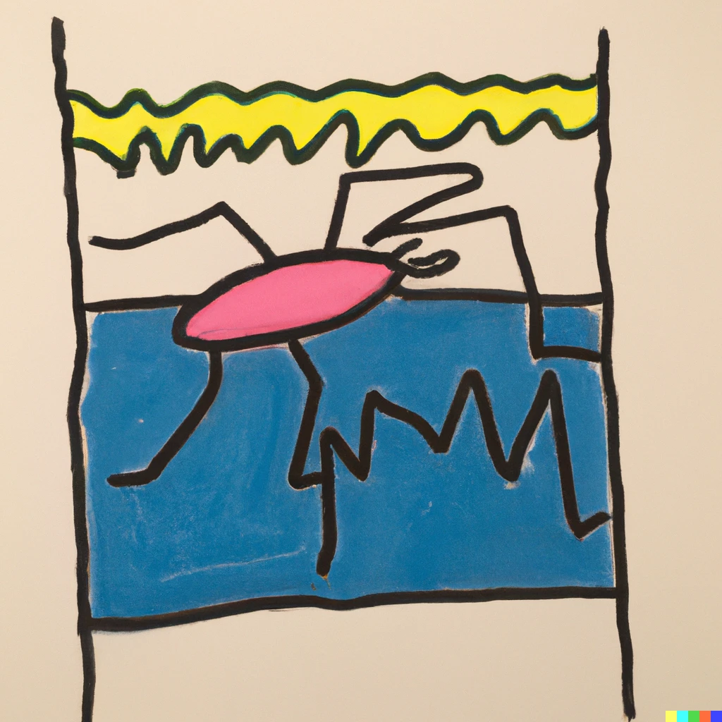 Prompt: keith haring painting of “a human-sized  insect waking up in a person’s bed”
