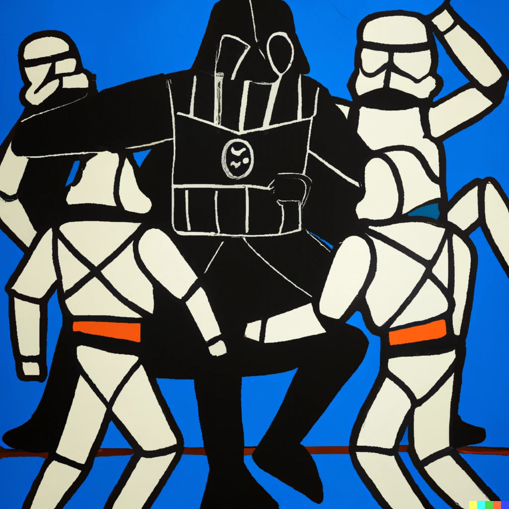 Prompt: painting by matisse of darth vader and stormtroopers dancing