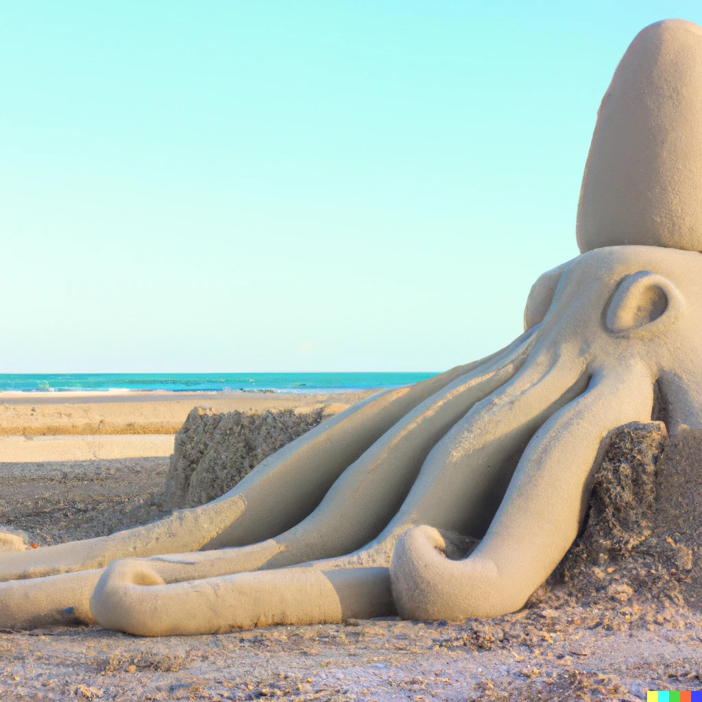 Prompt: a photo of a sandcastle sculpture of a giant squid at the beach