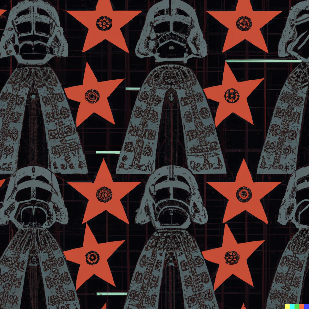 Prompt: hawaiian fabric pattern by maxwell parrish with the theme of darth vader
