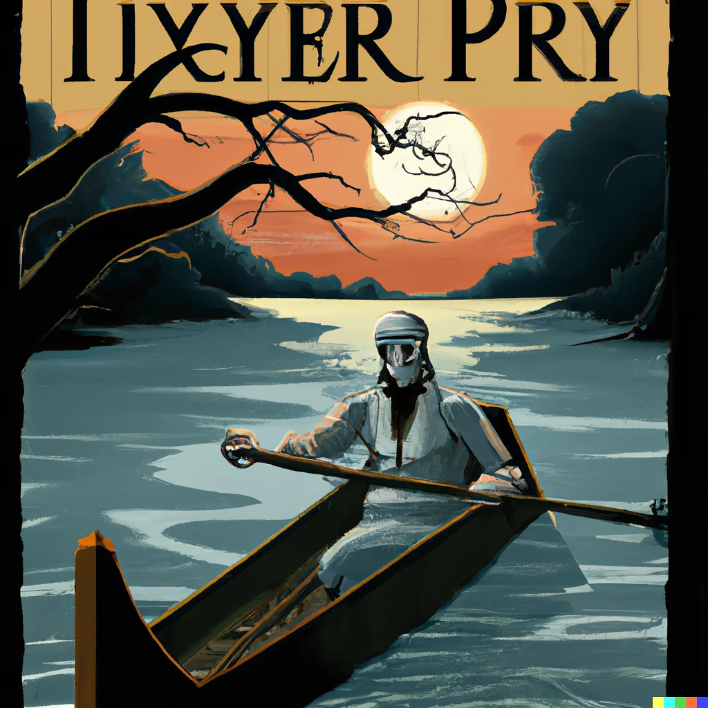 Prompt: vintage travel poster for the river styx with charon the boatman