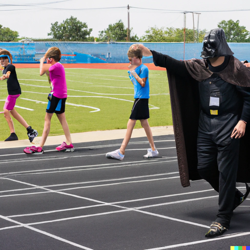 Prompt: photo of a high school physical education teacher dressed as darth vader, coaching students running around a track