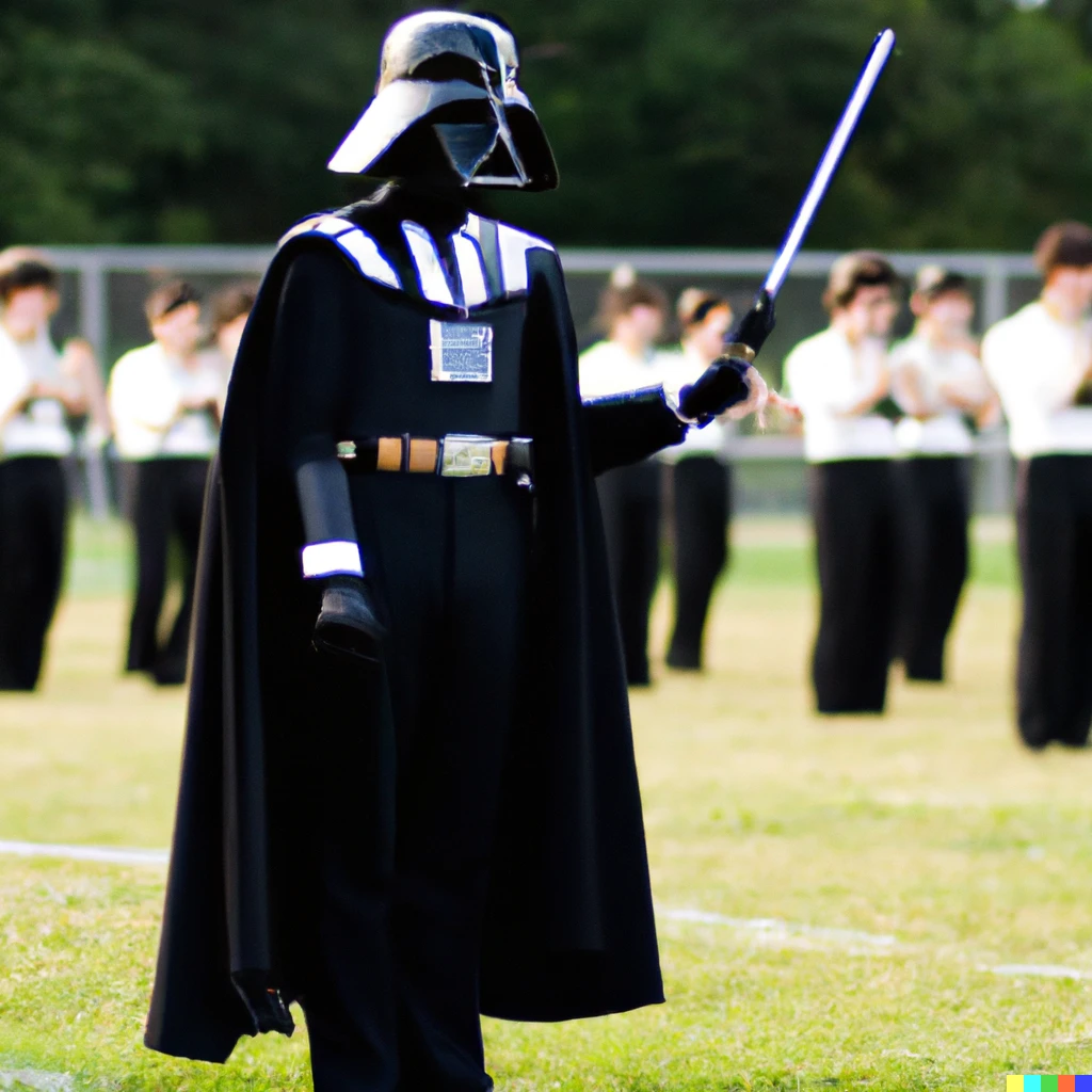 Prompt: photo of darth vader as a high school marching band director
