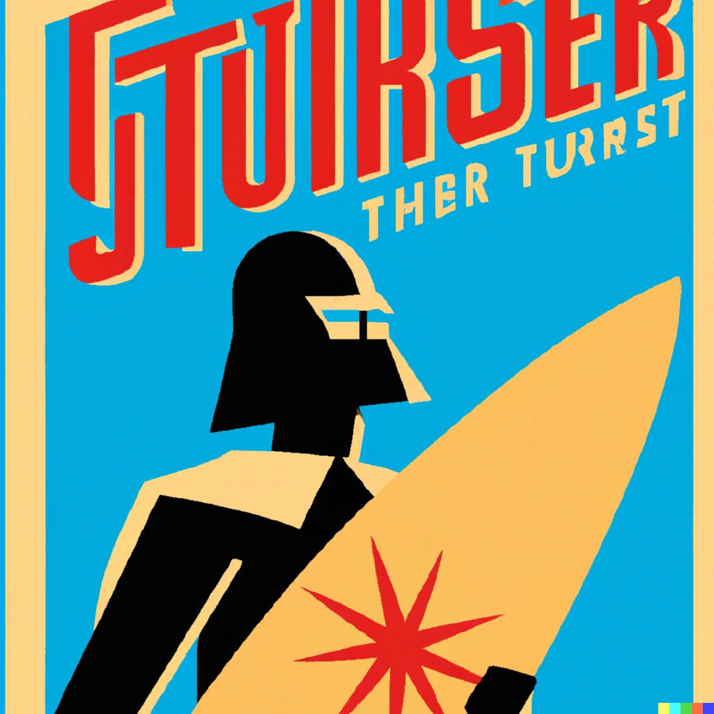 Prompt: art deco surf tourism poster with the theme of darth vader