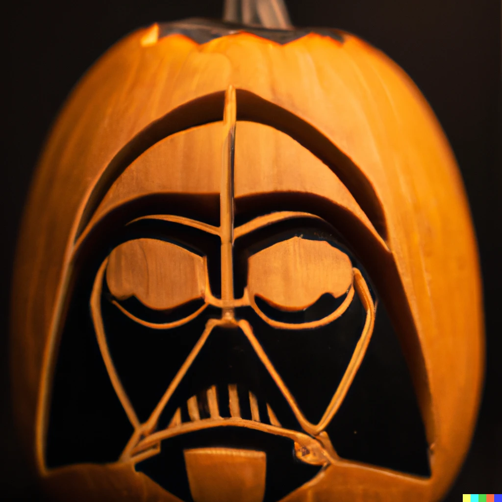 Prompt: photo on halloween of a darth vader carved pumpkin