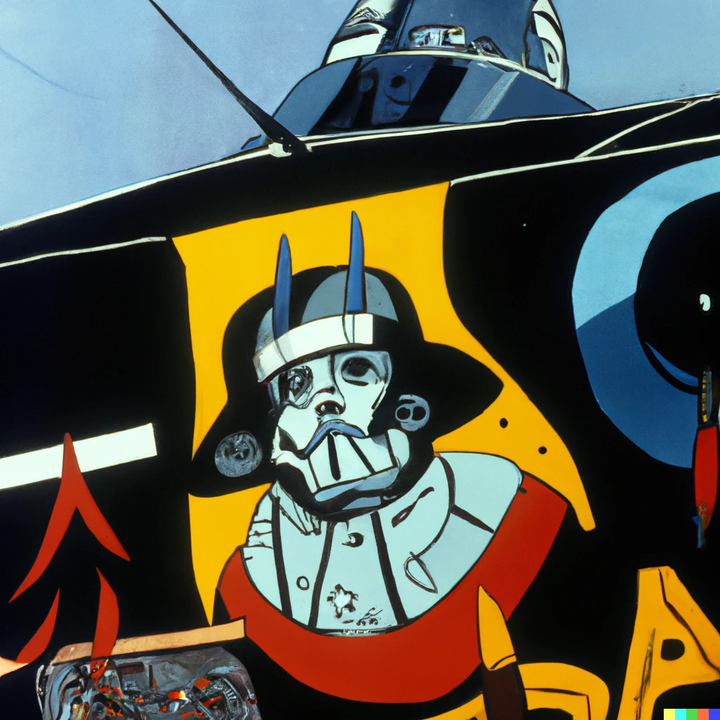 Prompt: 1944 color photo of pin-up art of Darth Vader on a B-25 bomber