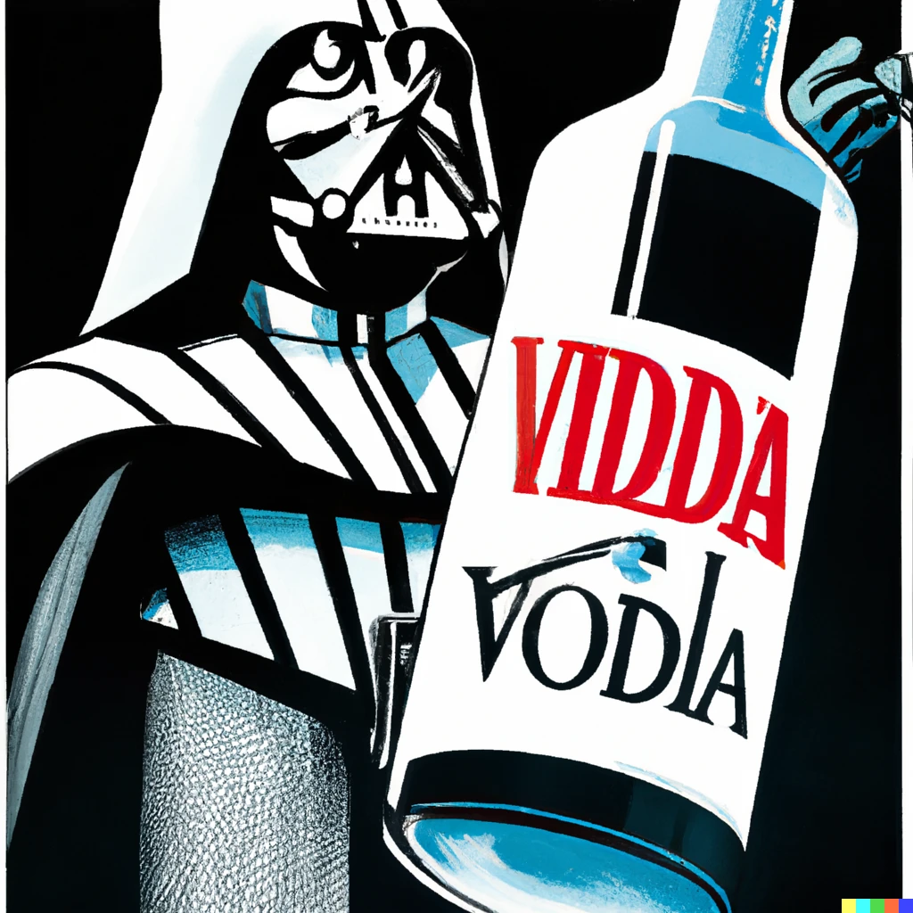 Prompt: illustrated advertisement by Schreckengost with darth vader for “vader vodka”