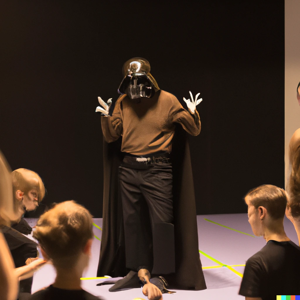 Prompt: photo of a high school drama teacher dressed as darth vader directing students on stage in a play
