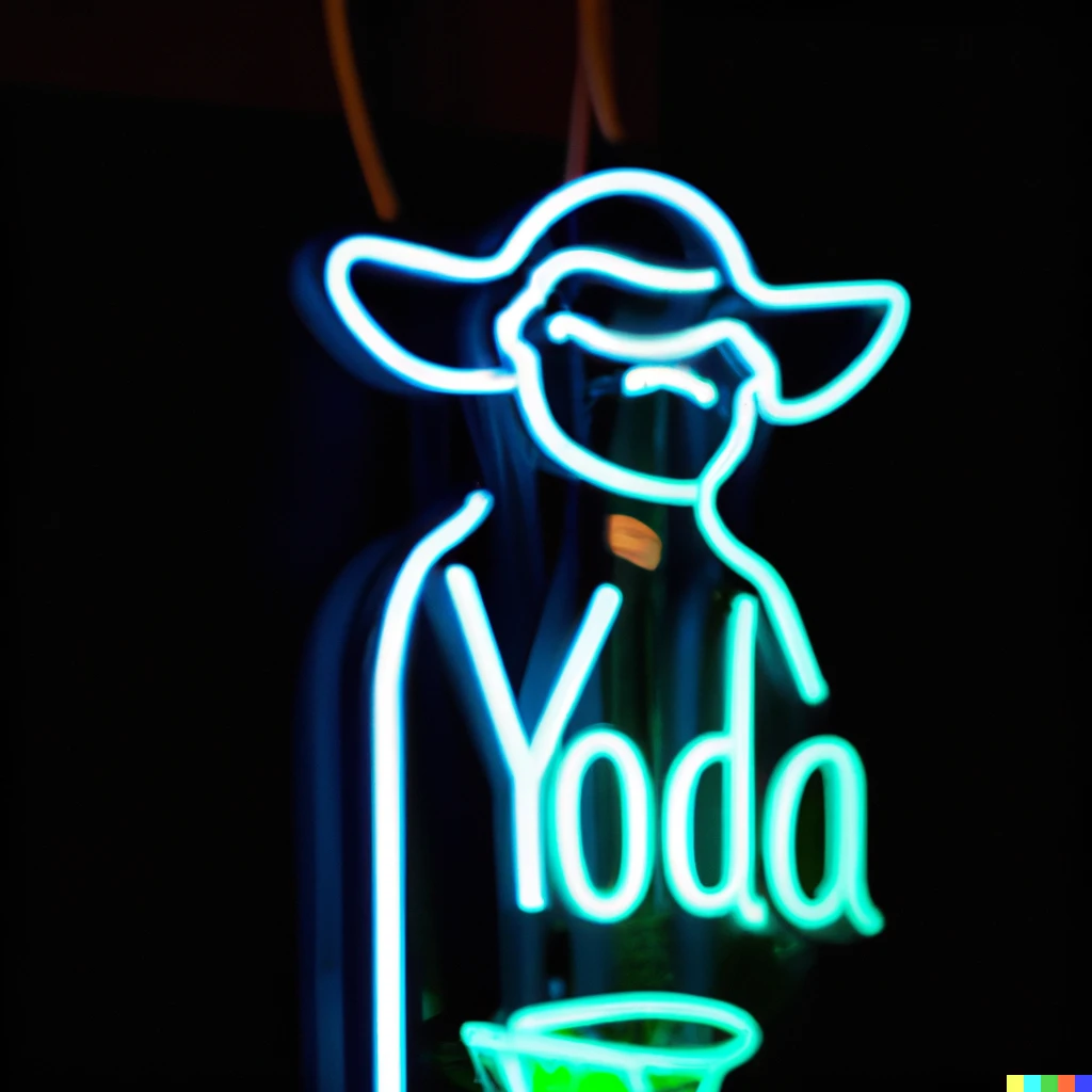 Prompt: photo in a bar of a neon sign of yoda beer