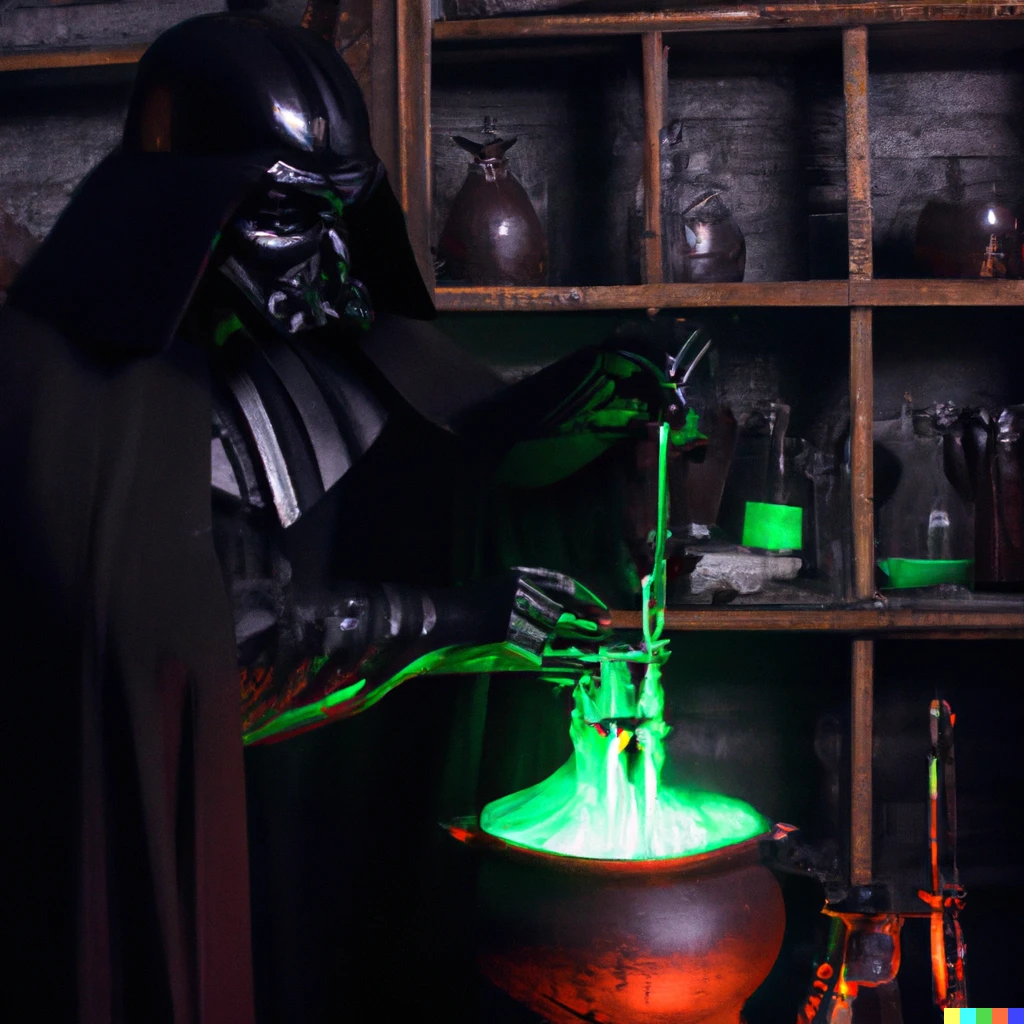 Prompt: photo of a darth vader, brewing a potion in a cauldron in the slytherin dungeon