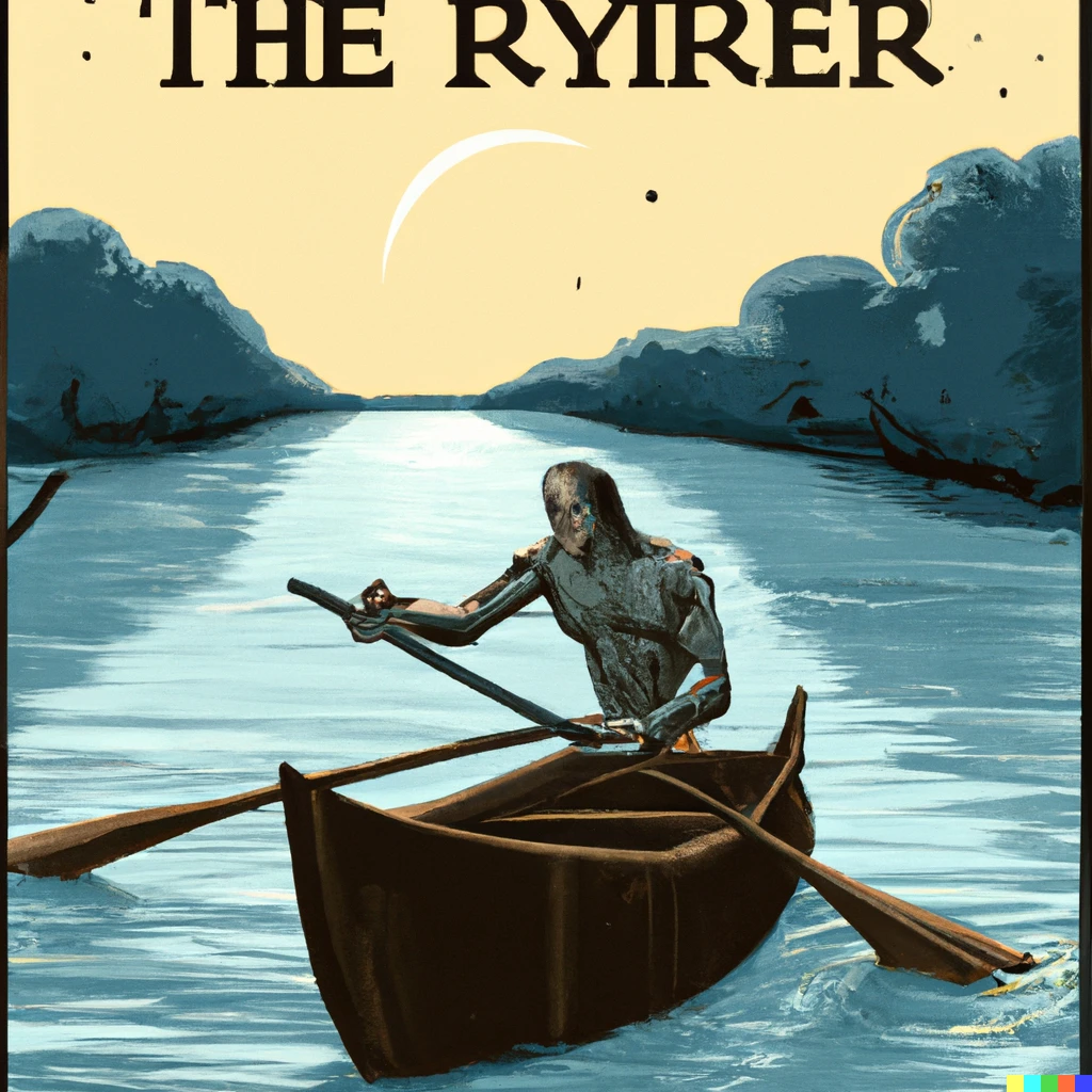 Prompt: vintage travel poster for the river styx with charon the boatman poling his boat