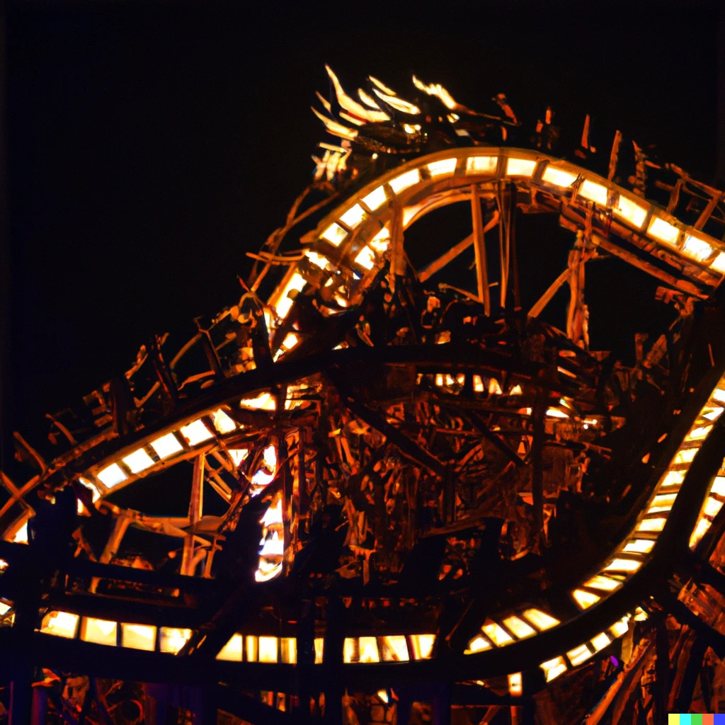 Prompt: wooden rollercoaster exhibit at burning man, designed by h.r. giger, covered in neon lights, on fire
