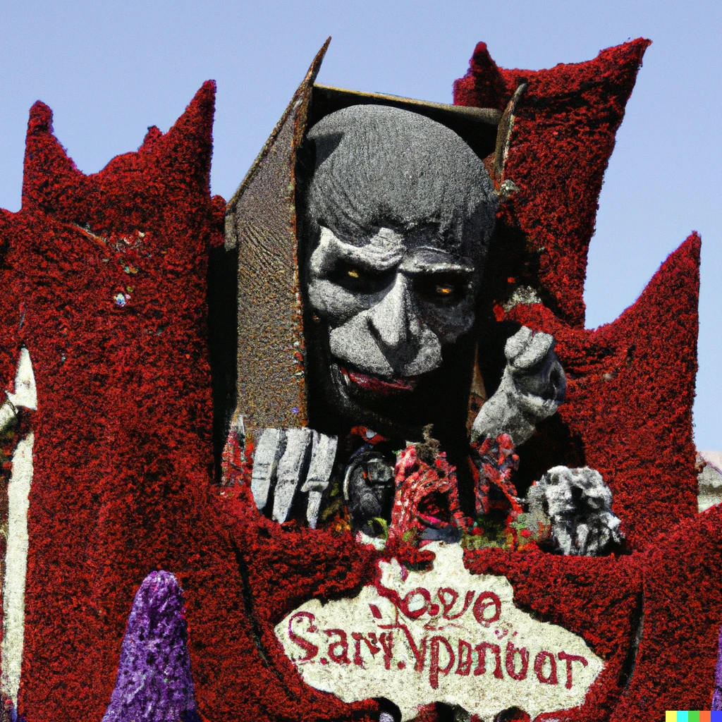 Prompt: a color photo of ravenloft "curse of strahd" vampire themed float during the rose parade