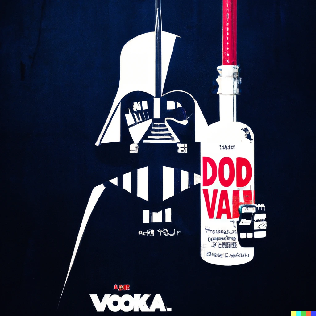 Prompt: illustrated advertisement by banksy with darth vader for “vader vodka”
