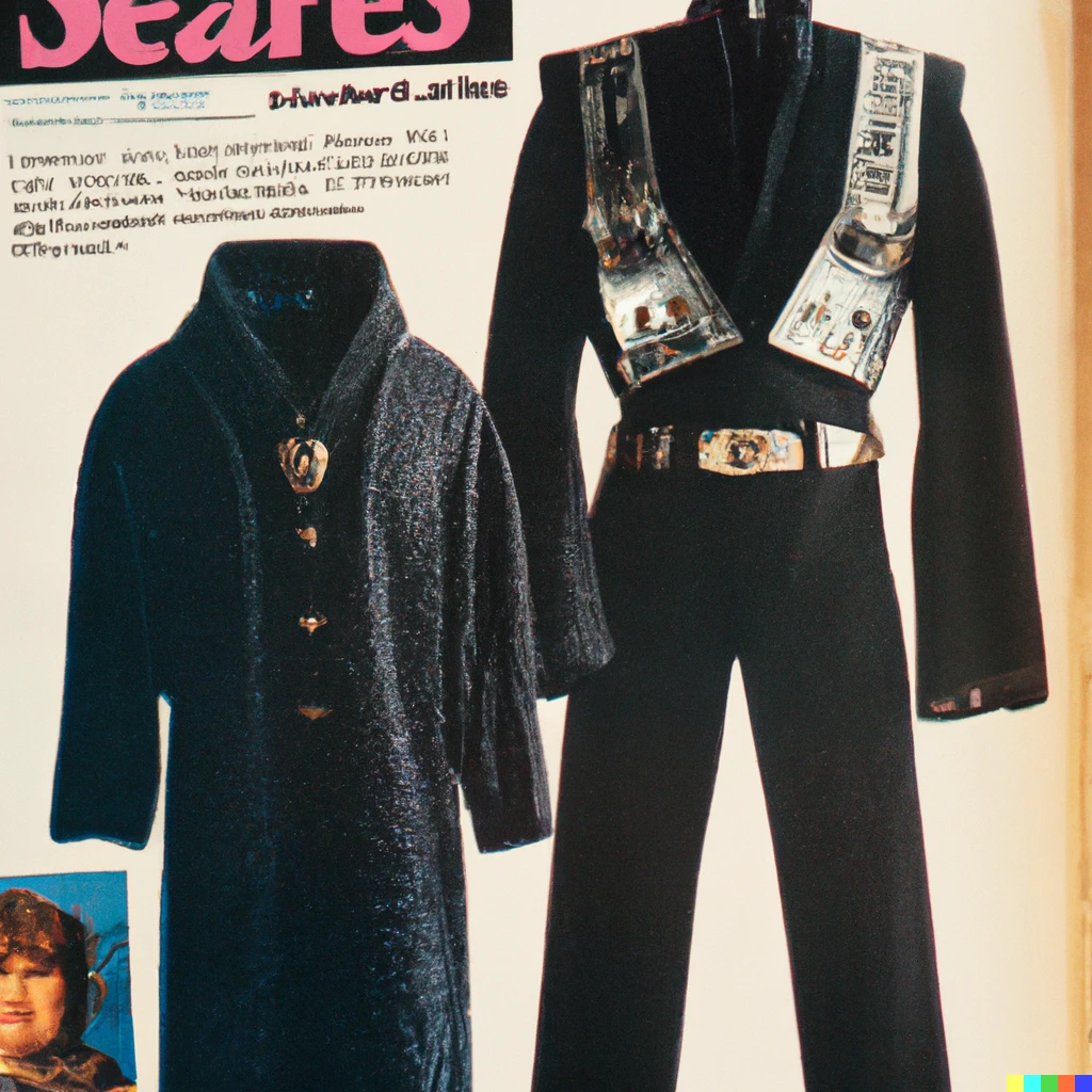 Prompt: photo of a 1978 Sears catalog with Darth Vader men’s fashion