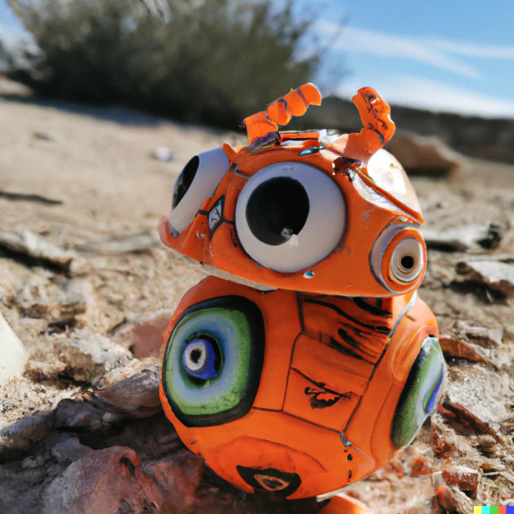 Prompt: photo of an orange and white bb8 alebrije in the desert