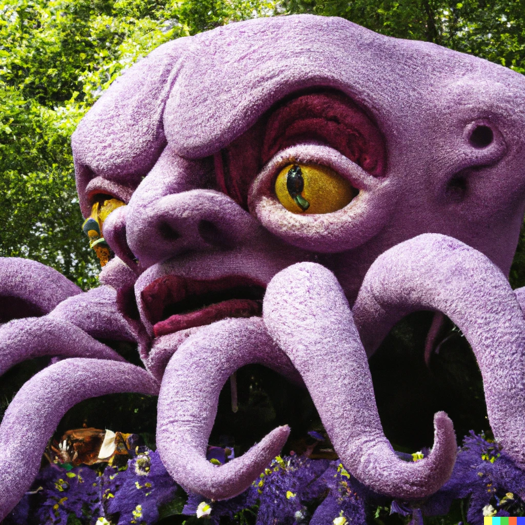 Prompt: a color photo of purple illithid head themed float during the rose parade