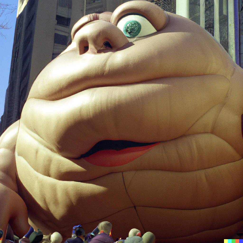 Prompt: a color photo of skyscraper-sized flesh-colored jabba the hutt balloon float in the macy's thanksgiving day parade