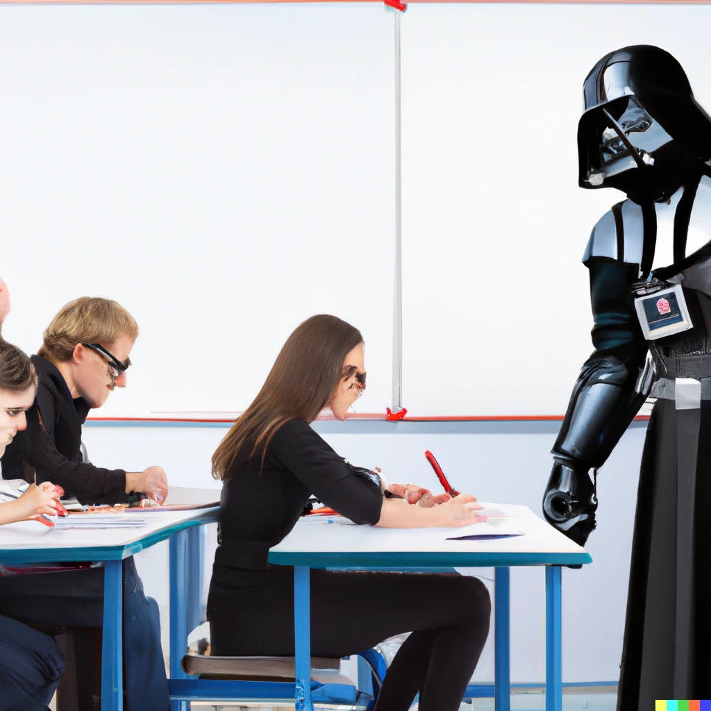 Prompt: photo of darth vader as a teacher helping students in a classroom