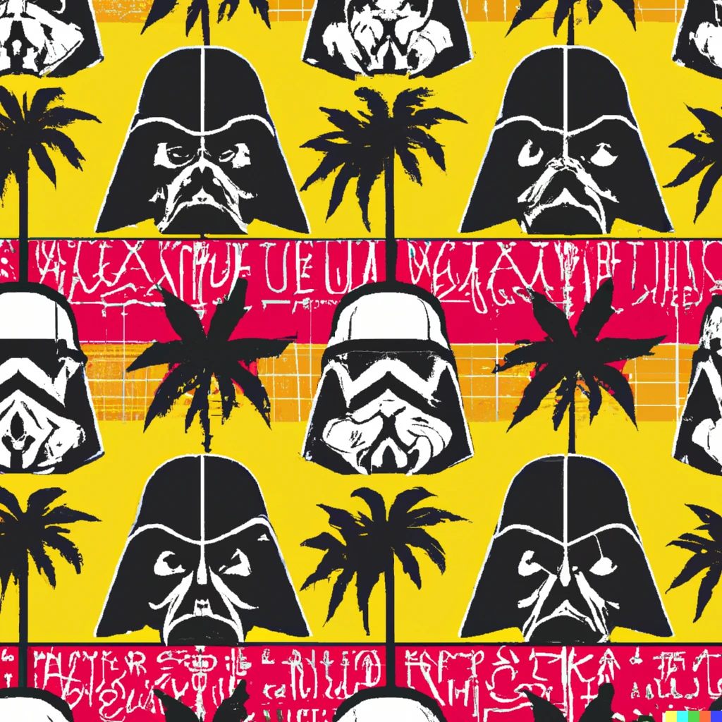 Prompt: hawaiian fabric pattern by andy warhol with the theme of darth vader