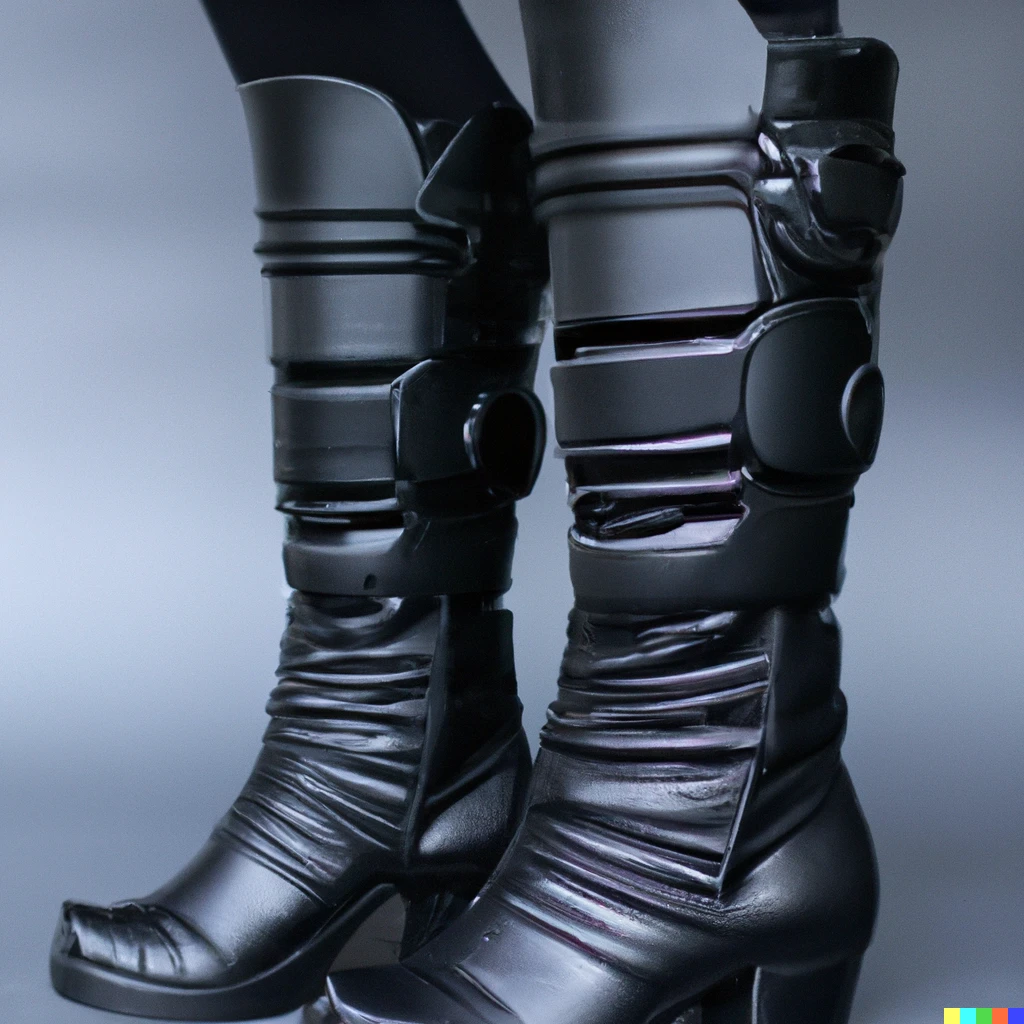 Prompt: photo of a woman wearing darth vader boots