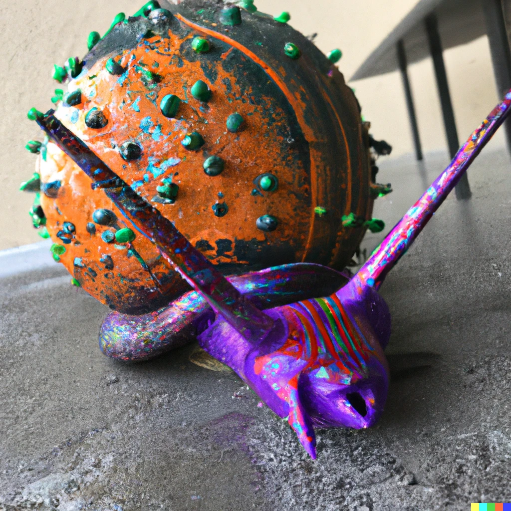 Prompt: photo of a alebrije that is a snail with spiked balls for eyestalks
