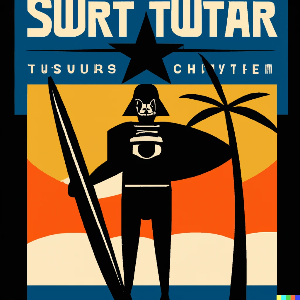 Prompt: art deco surf tourism poster with the theme of darth vader